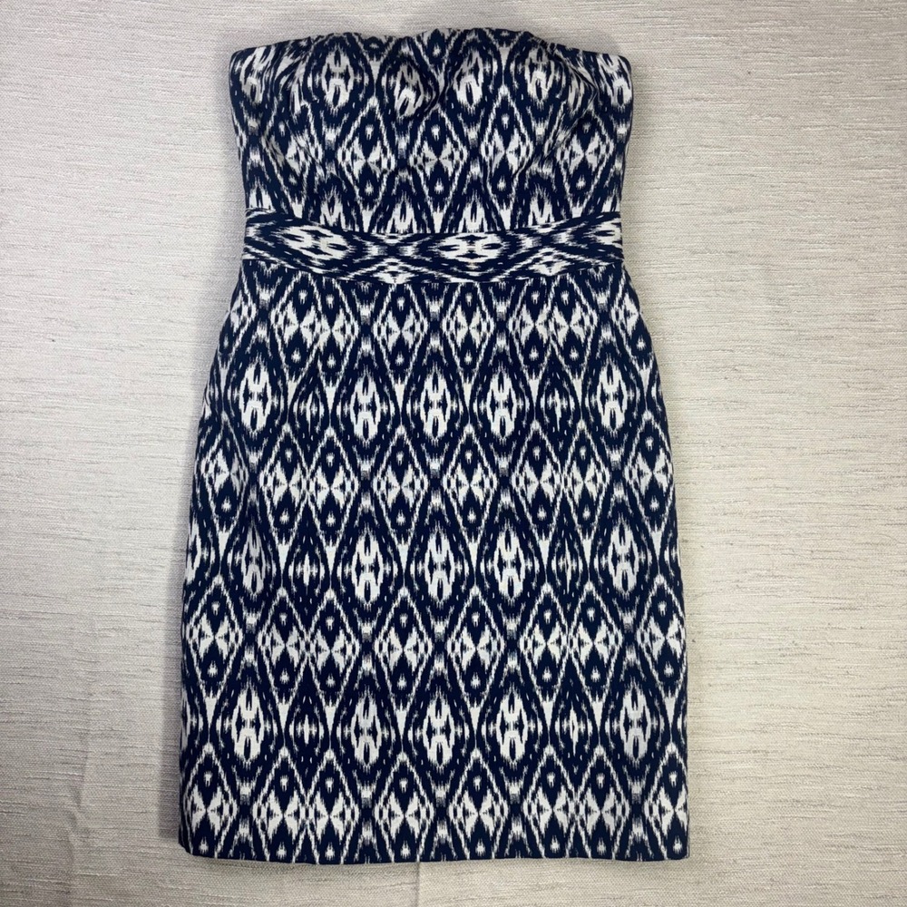 Banana Republic Navy Blue White Ikat Diamond Strapless Sheath Dress Size 8